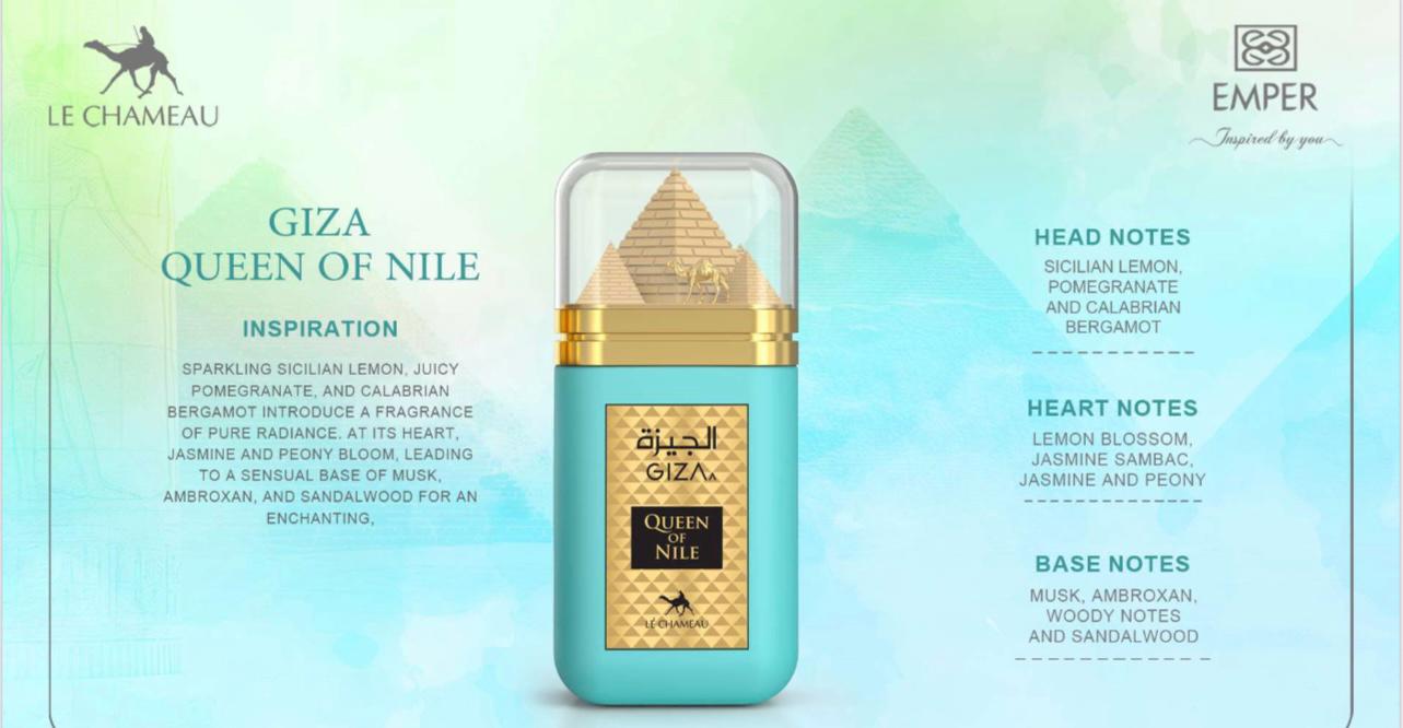 Giza Queen of Nile perfume by Le Chameau – elegant women’s Arabic fragrance 100ml with jasmine, lemon, and sandalwood notes. Available at Dubai Perfume Miami.