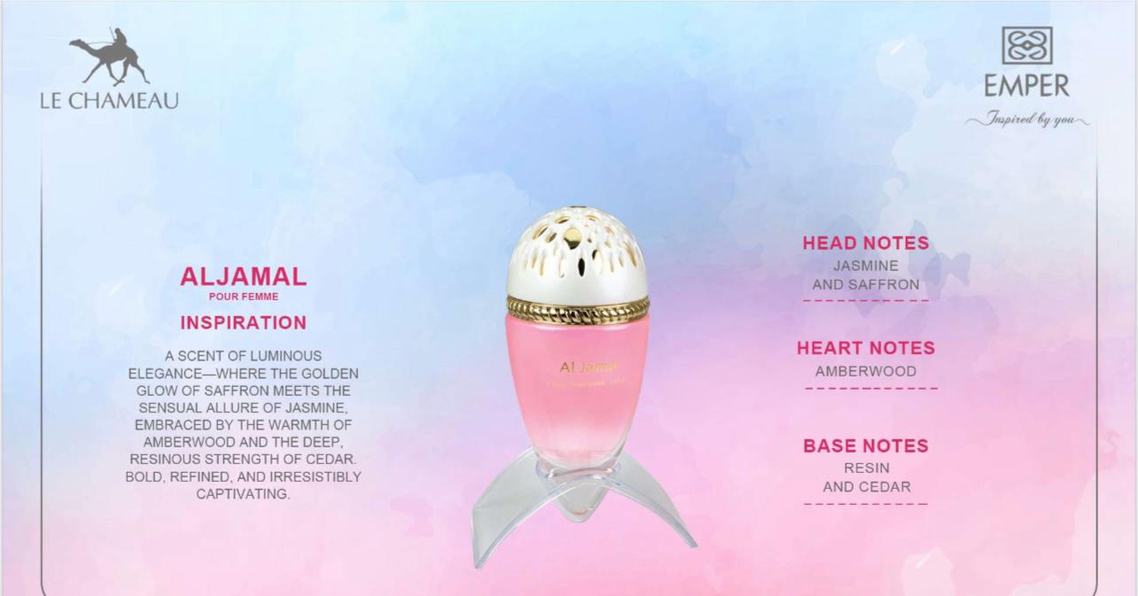 Al Jamal perfume by Le Chameau – elegant women’s Arabic fragrance 100ml with jasmine, saffron, and amberwood notes. Available at Dubai Perfume Miami.