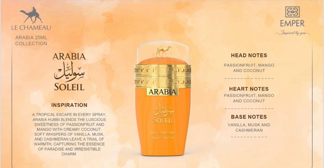 Arabia Soleil perfume for women by Le Chameau – tropical Arabic fragrance with mango, coconut, and vanilla notes.