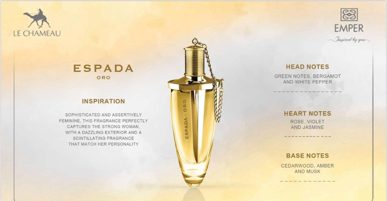Espada Oro perfume by Le Chameau – elegant women’s Arabic fragrance 100ml with rose, violet, and cedarwood notes. Available at Dubai Perfume Miami.