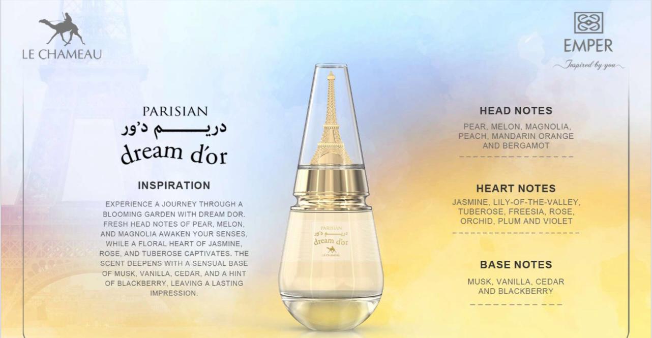 Parisian Dream D’or perfume by Le Chameau – elegant women’s Arabic fragrance 25ml with pear, jasmine, and vanilla notes. Available at Dubai Perfume Miami.